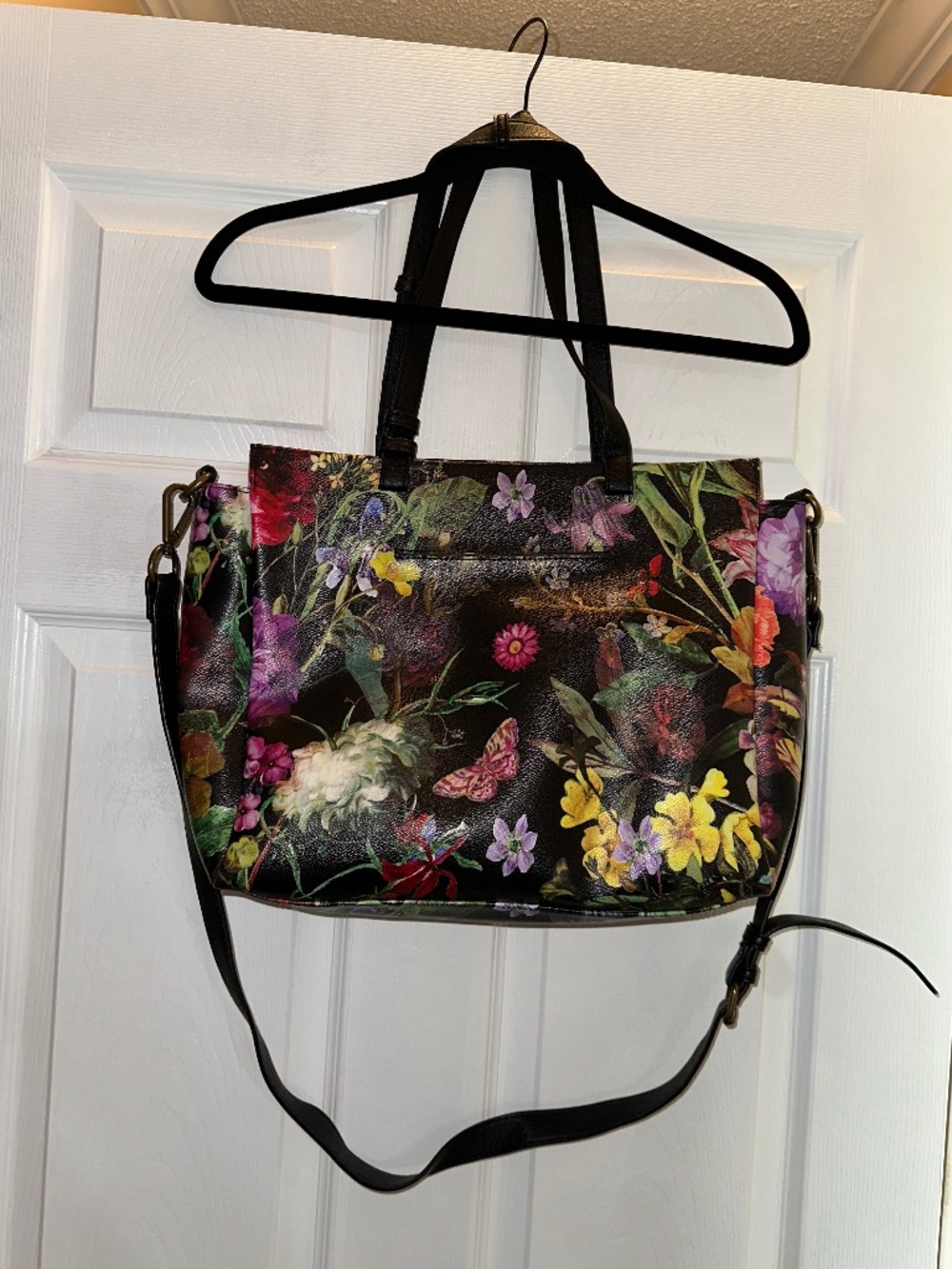 Elliot Lucca Floral Butterfly Tote Bag Black Multicolor Convertible Shoulder
